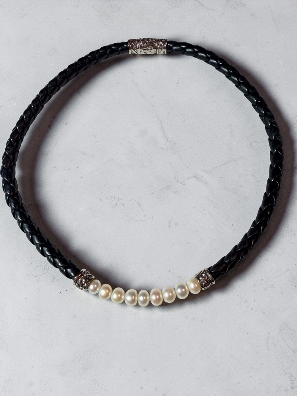 Elegant Black Leather necklace with White Freshwater Pearls